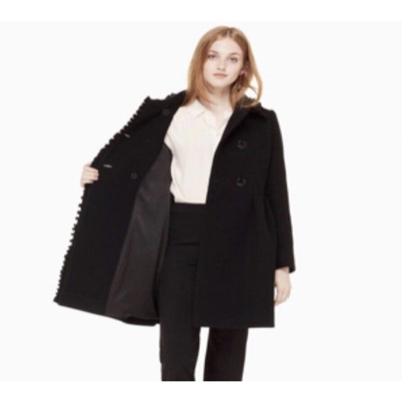 Kate Spade Wool Coat Ruffle Trim Bow Back Peacoat Black Women's Size 6 - Picture 5 of 12